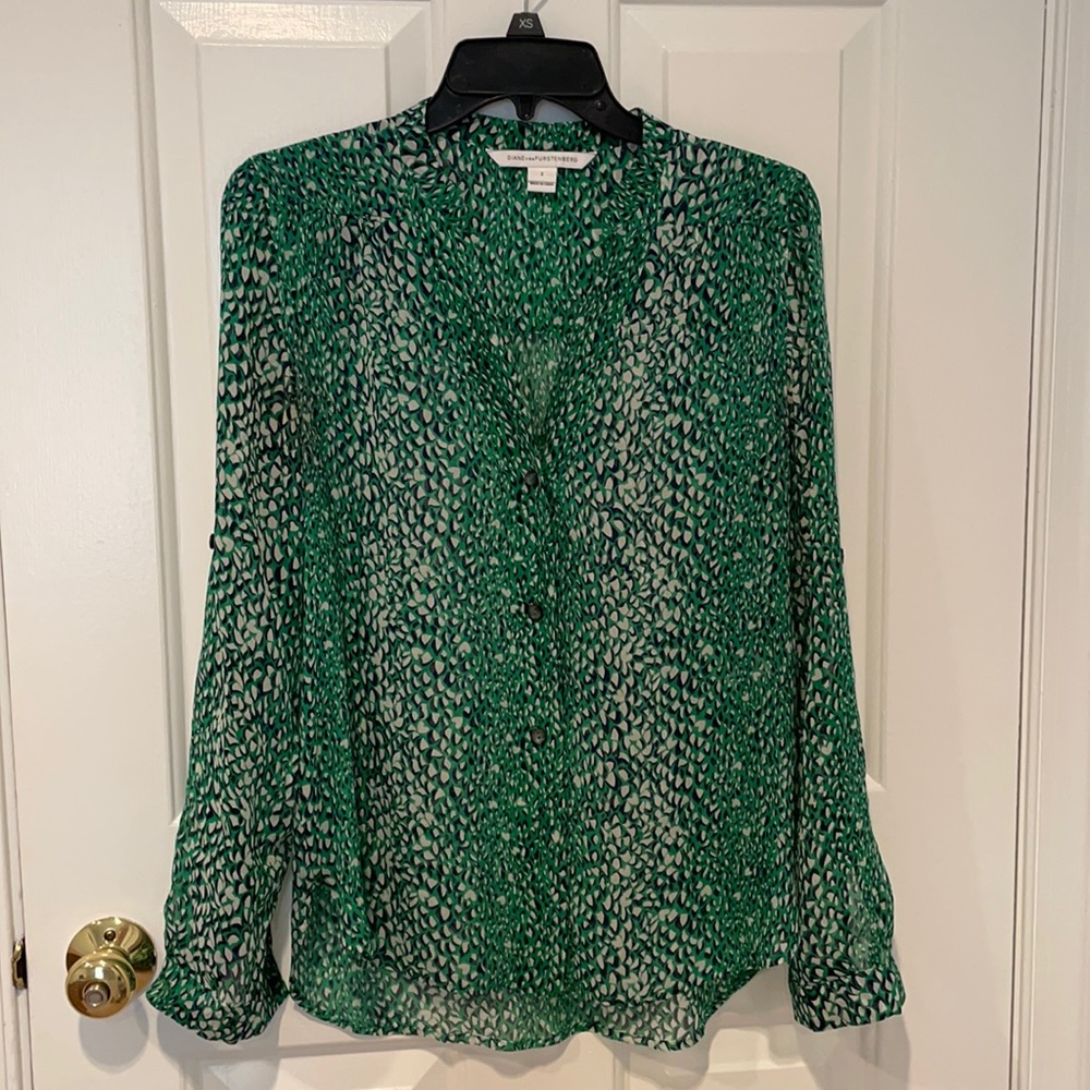 Green print silk DVF blouse